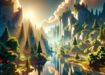 Un impresionante paisaje de Minecraft mejorado con shaders, con un sereno lago, frondosos bosques y elevados acantilados. La luz solar realista proyecta sombras dinámicas y crea hermosos reflejos en el agua, mostrando el efecto transformador de los sombreadores.