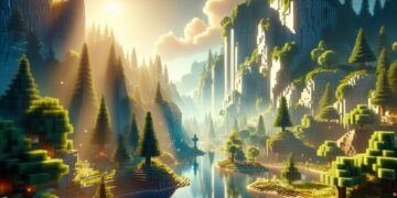Uma paisagem deslumbrante de Minecraft melhorada por shaders, com um lago sereno, florestas luxuriantes e falésias imponentes. A luz solar realista projecta sombras dinâmicas e cria belos reflexos na água, mostrando o efeito transformador dos shaders.