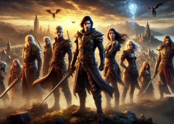 An epic scene from Baldur's Gate 3 featuring eight armored characters with swords and a staff, standing before a medieval city and castle, with dragons flying in a mystical, glowing sky.