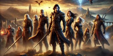 Uma cena épica de Baldur's Gate 3 com oito personagens com armaduras, espadas e um bastão, diante de uma cidade e um castelo medievais, com dragões a voar num céu místico e brilhante.