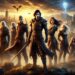 An epic scene from Baldur's Gate 3 featuring eight armored characters with swords and a staff, standing before a medieval city and castle, with dragons flying in a mystical, glowing sky.