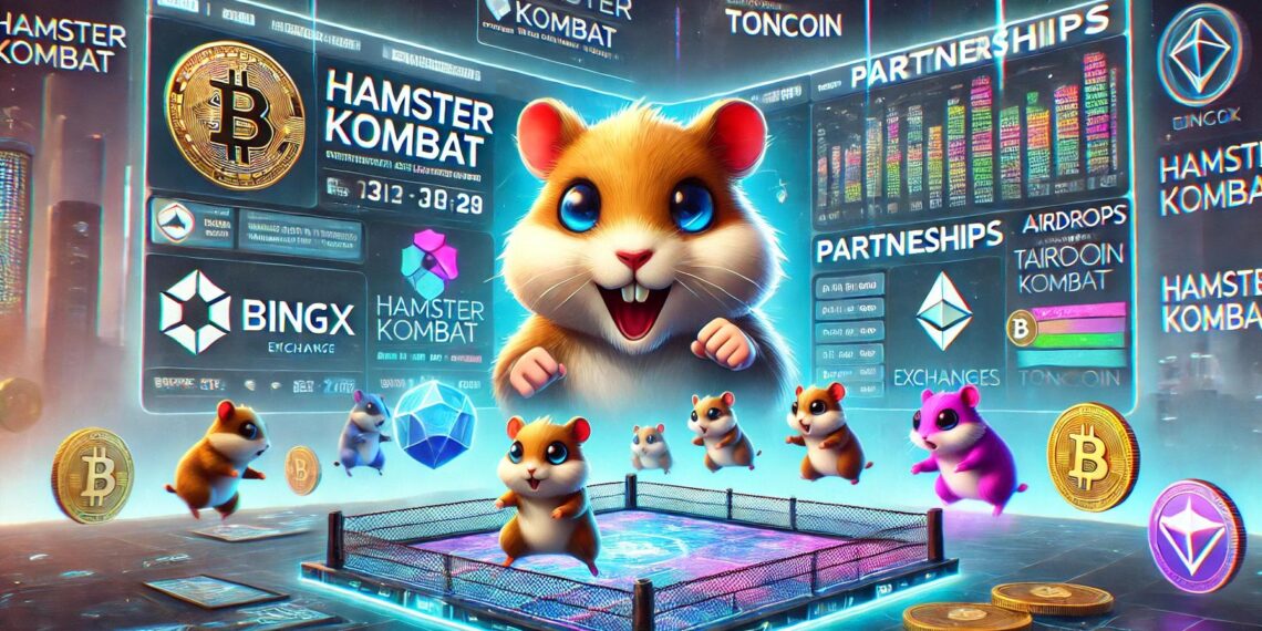 Cena digital realista do jogo Hamster Kombat com hamsters numa arena de combate, elementos de cadeia de blocos, símbolos TonCoin e destaques de parcerias, representando um ambiente vibrante e tecnológico.