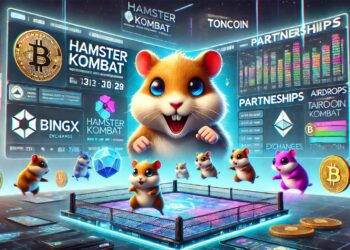 Escena digital realista del juego Hamster Kombat con hámsters en una arena de combate, elementos de blockchain, símbolos de TonCoin y aspectos destacados de la asociación, que representan un entorno vibrante y tecnológico.