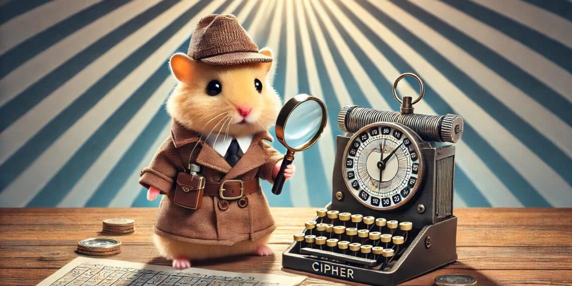 Imagen horizontal realista de un simpático hámster detective con gabardina marrón y sombrero, sosteniendo una lupa y de pie junto a una máquina de cifrado, promocionando el desafío de código Morse de Hamster Kombat.