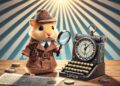 A realistic horizontal image of a cute hamster detective in a brown trench coat and hat, holding a magnifying glass and standing next to a cipher machine, promoting Hamster Kombat's Morse code challenge.