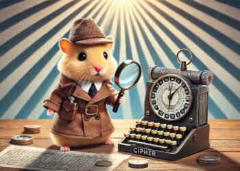 A realistic horizontal image of a cute hamster detective in a brown trench coat and hat, holding a magnifying glass and standing next to a cipher machine, promoting Hamster Kombat's Morse code challenge.