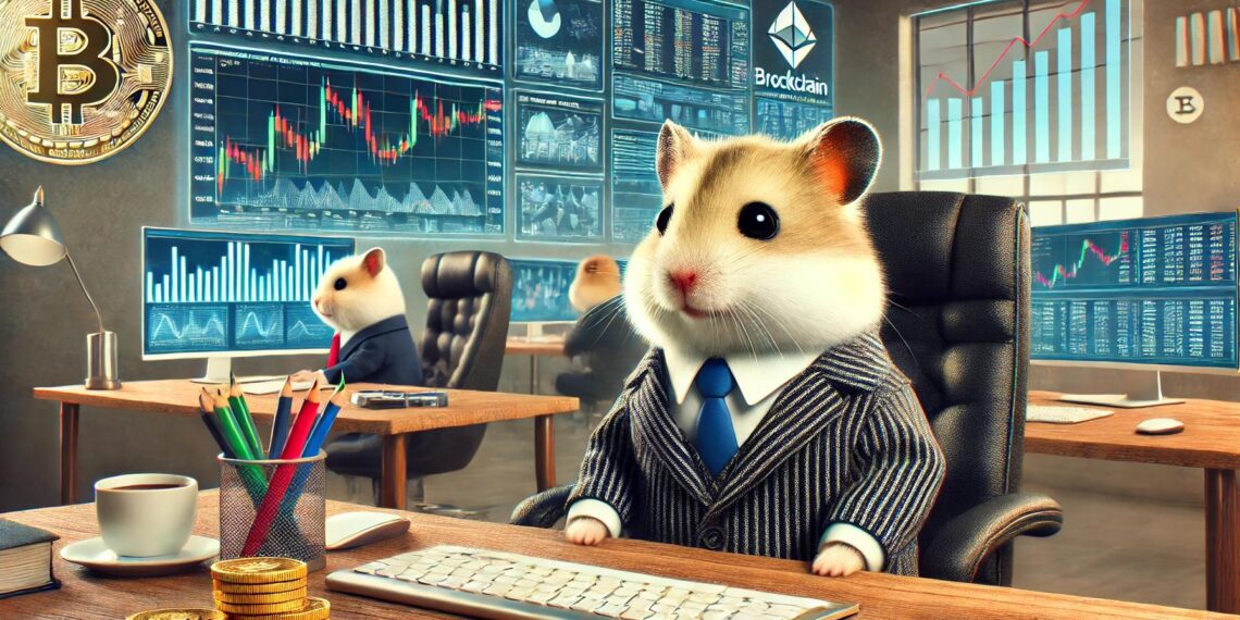 Hamster Kombat: Um hamster engraçado, CEO, num fato de negócios, sentado a uma secretária com gráficos de negociação de criptomoedas nos ecrãs. Outros hamsters trabalham em segundo plano, mostrando o jogo "jogar para ganhar" no Telegram.