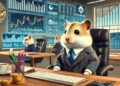 Hamster Kombat: Un simpático hámster en traje de negocios, sentado en un escritorio con gráficos de criptodivisas en pantalla. Otros hámsters trabajan en segundo plano, mostrando el juego play-to-earn en Telegram.