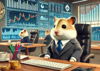 Hamster Kombat: Un simpático hámster en traje de negocios, sentado en un escritorio con gráficos de criptodivisas en pantalla. Otros hámsters trabajan en segundo plano, mostrando el juego play-to-earn en Telegram.