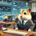 Hamster Kombat: Un simpático hámster en traje de negocios, sentado en un escritorio con gráficos de criptodivisas en pantalla. Otros hámsters trabajan en segundo plano, mostrando el juego play-to-earn en Telegram.