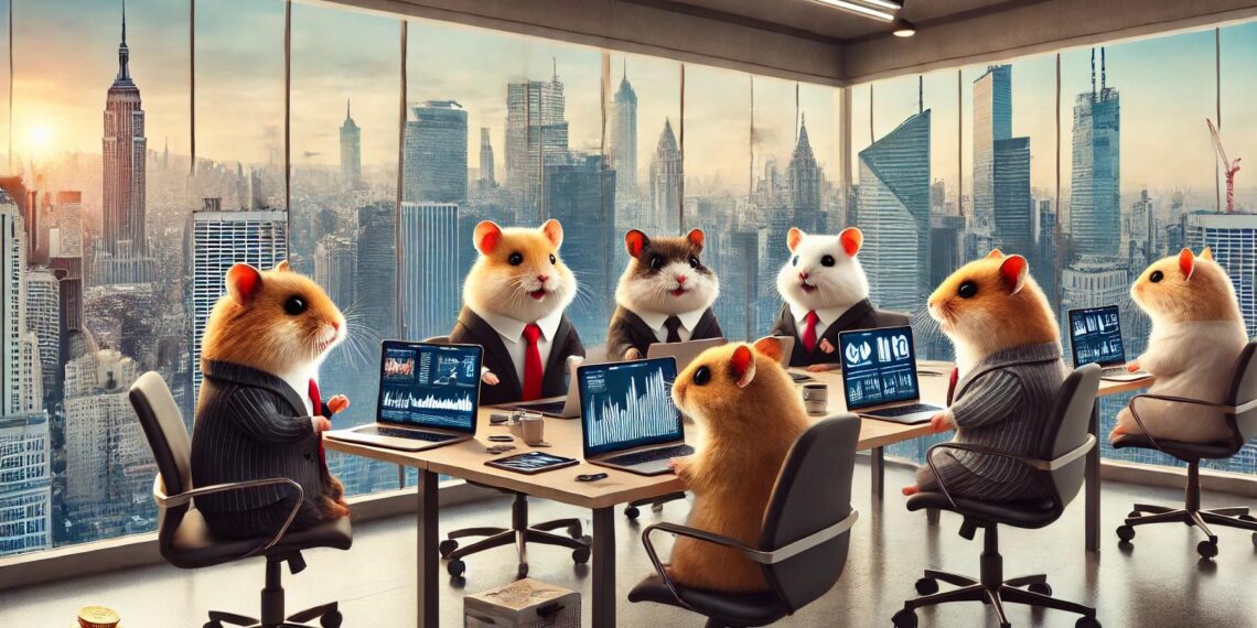 Hamsters in a modern Indian office, working on laptops with an urban Indian skyline in the background, discussing cryptocurrency trading with charts and graphs on screens.