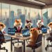 Hamsters in a modern Indian office, working on laptops with an urban Indian skyline in the background, discussing cryptocurrency trading with charts and graphs on screens.