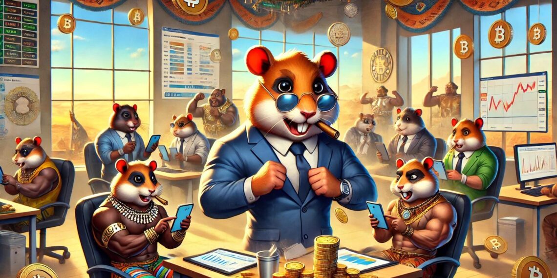 Vibrant scene of Hamster Kombat gameplay featuring strong hamsters in suits in an office with African landscape. Energetic atmosphere with cryptocurrency charts, coins, and tokens. No flags or pyramids.