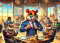 Vibrante escena de juego de Hamster Kombat con fuertes hámsters en trajes en una oficina con paisaje africano. Ambiente energético con gráficos de criptodivisas, monedas y tokens. Sin banderas ni pirámides.