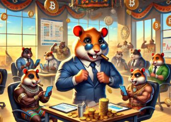 Vibrante escena de juego de Hamster Kombat con fuertes hámsters en trajes en una oficina con paisaje africano. Ambiente energético con gráficos de criptodivisas, monedas y tokens. Sin banderas ni pirámides.