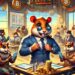 Vibrante escena de juego de Hamster Kombat con fuertes hámsters en trajes en una oficina con paisaje africano. Ambiente energético con gráficos de criptodivisas, monedas y tokens. Sin banderas ni pirámides.