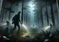 Alan Wake II: Un bosque oscuro y espeluznante por la noche con una espesa niebla y árboles altos y sombríos. Alan Wake, sosteniendo una linterna, camina cautelosamente mientras criaturas sobrenaturales acechan en el fondo.