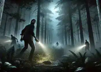 Alan Wake II: Un bosque oscuro y espeluznante por la noche con una espesa niebla y árboles altos y sombríos. Alan Wake, sosteniendo una linterna, camina cautelosamente mientras criaturas sobrenaturales acechan en el fondo.
