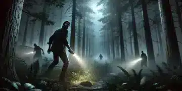 Alan Wake II: A dark, eerie forest at night with thick fog and tall, shadowy trees. Alan Wake, holding a flashlight, cautiously walks as supernatural creatures lurk in the background.