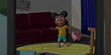 Amanda, a Aventureira: Amanda está em uma sala de estar perguntando: 'Você já quis ir para muito, muito longe?' enquanto um pequeno porco de pelúcia fica ao fundo.