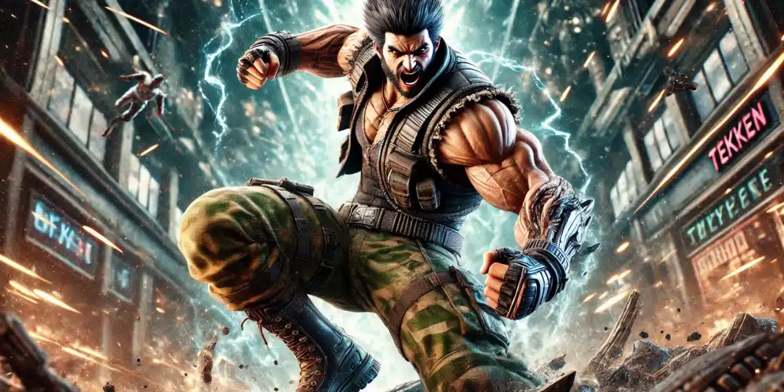 Bryan Fury from Tekken 8 unleashing a powerful attack in a dramatic urban setting, showcasing intense action, detailed graphics, and electrifying energy.