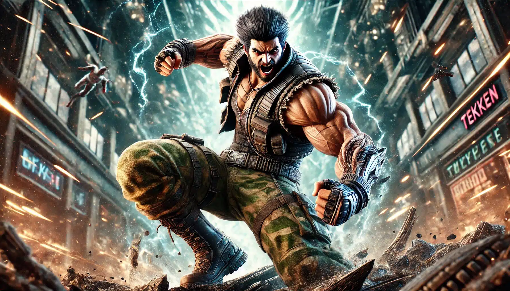 Bryan Fury from Tekken 8 unleashing a powerful attack in a dramatic urban setting, showcasing intense action, detailed graphics, and electrifying energy.
