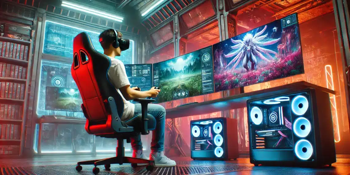 Um jogador em uma sala de alta tecnologia joga em uma configuração com vários monitores, totalmente imerso em um mundo virtual usando VR e equipamentos de jogos avançados. A cena destaca o apelo futurista dos jogos na nuvem.