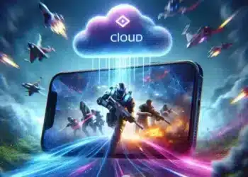 Una escena de juegos móviles futurista con un teléfono inteligente que muestra una jugabilidad intensa. Una nube brillante se cierne sobre ellos, conectada por coloridas corrientes digitales, que simbolizan los juegos en la nube. Los aviones de combate y los guerreros realzan la atmósfera dinámica.