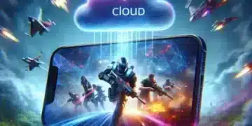 Um cenário futurista de jogos para celular com um smartphone exibindo uma jogabilidade intensa. Uma nuvem brilhante paira acima, conectada por fluxos digitais coloridos, simbolizando jogos na nuvem. Jatos de combate e guerreiros melhoram a atmosfera dinâmica.