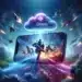A futuristic mobile gaming scene with a smartphone displaying intense gameplay. A glowing cloud hovers above, connected by colorful digital streams, symbolizing cloud gaming. Fighter jets and warriors enhance the dynamic atmosphere.