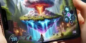 Uma pessoa segura um iPhone jogando um jogo de fantasia vibrante. A tela mostra uma ilha flutuante com um vulcão e cachoeiras, cercada por controles e ícones do jogo.