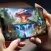 A person holds an iPhone playing a vibrant fantasy game. The screen shows a floating island with a volcano and waterfalls, surrounded by game controls and icons.