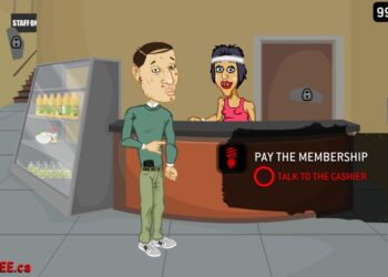 La imagen muestra una escena de Douchebag Workout 2. Muestra a un hombre de dibujos animados en un gimnasio con dos mujeres. Una mujer se estira mientras la otra está sentada y sostiene un bate. La puntuación mostrada es 999998.