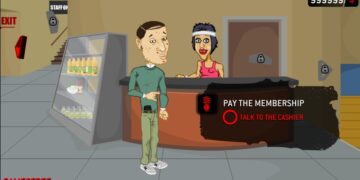 The image depicts a scene from Douchebag Workout 2. It shows a cartoon man in a gym with two women. One woman is stretching while the other is sitting and holding a bat. The score displayed is 999998.