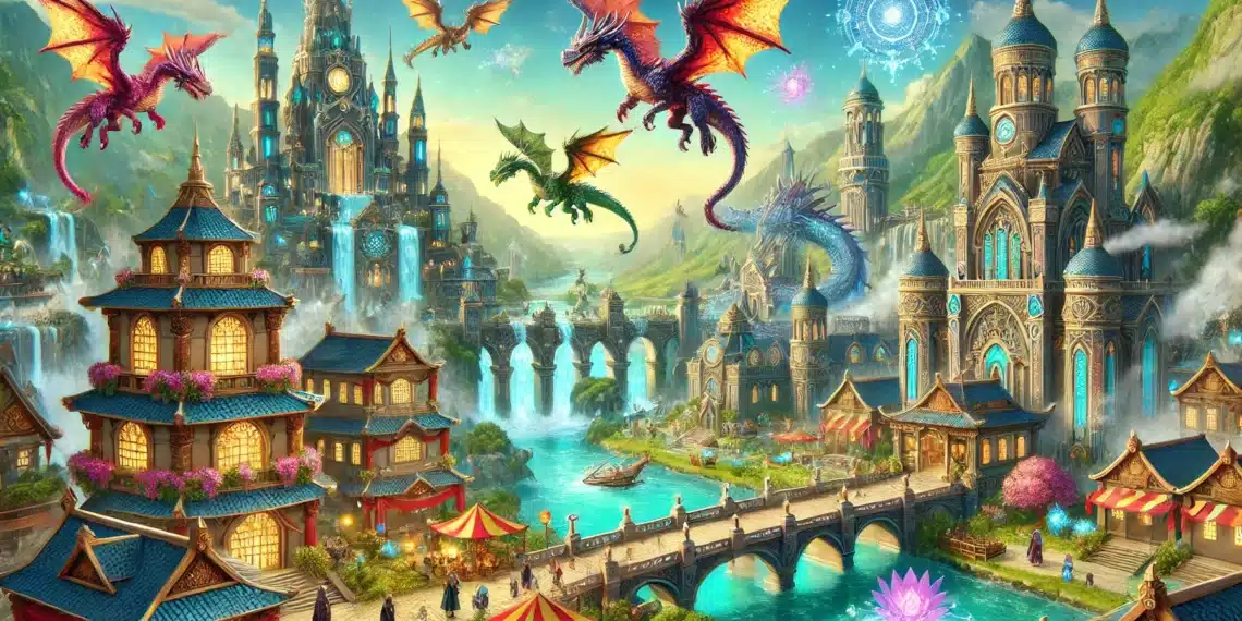 Colorida ciudad de fantasía con edificios ornamentados y cascadas, con dragones voladores en el cielo y mercados vibrantes debajo, que ilustran el mundo mágico de Dragon City.