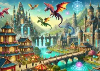 Colorida ciudad de fantasía con edificios ornamentados y cascadas, con dragones voladores en el cielo y mercados vibrantes debajo, que ilustran el mundo mágico de Dragon City.