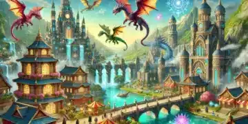 Colorful fantasy city with ornate buildings and waterfalls, featuring flying dragons in the sky and vibrant marketplaces below, illustrating the magical world of Dragon City.