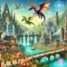 Cidade de fantasia colorida com edifícios ornamentados e cachoeiras, com dragões voadores no céu e mercados vibrantes abaixo, ilustrando o mundo mágico de Dragon City.