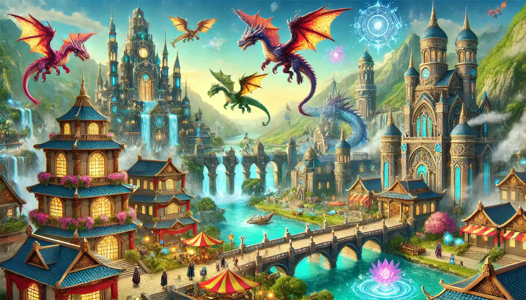 Colorida ciudad de fantasía con edificios ornamentados y cascadas, con dragones voladores en el cielo y mercados vibrantes debajo, que ilustran el mundo mágico de Dragon City.