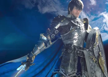 Un guerrero con armadura se alza con confianza con una espada y un escudo contra un fondo cósmico, que representa el viaje épico en Final Fantasy XIV: Endwalker.