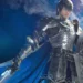 Um guerreiro blindado permanece confiante com uma espada e um escudo contra um cenário cósmico, representando a jornada épica em Final Fantasy XIV: Endwalker.
