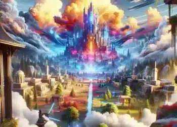 Una vibrante escena de Fortnite Cloud Gaming con una ciudad futurista, torres brillantes, exuberante vegetación y efectos de iluminación dinámicos.