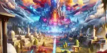 A vibrant Fortnite Cloud Gaming scene with a futuristic city, glowing towers, lush greenery, and dynamic lighting effects.