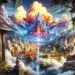 Una vibrante escena de Fortnite Cloud Gaming con una ciudad futurista, torres brillantes, exuberante vegetación y efectos de iluminación dinámicos.