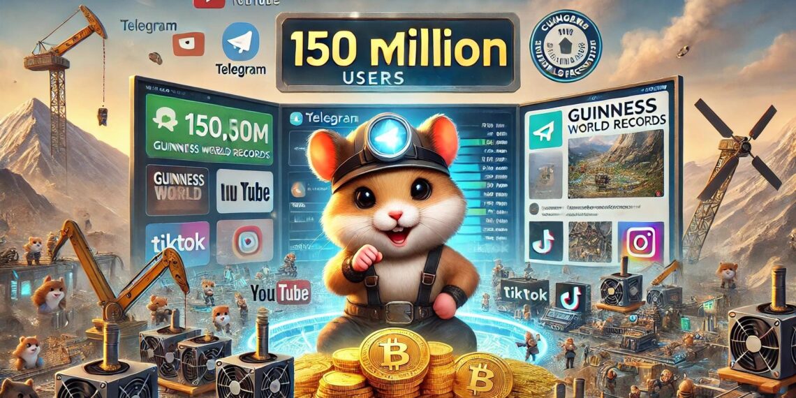 Realistic illustration of Hamster Kombat, a Telegram-based game reaching 150 million users. Features a hamster in a miner’s outfit with high-tech gaming environment, highlighting rapid growth and social media integration.