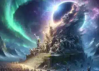 Una escena mística con una estructura imponente de figuras entrelazadas que se elevan hacia un cielo celestial. Una aurora y un eclipse de planeta gigante crean una atmósfera surrealista mientras una multitud se reúne debajo. "Recorrido único en la vida".