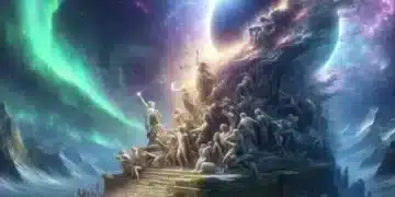 A mystical scene with a towering structure of entwined figures reaching towards a celestial sky. An aurora and a giant planet eclipse create a surreal atmosphere as a crowd gathers below. "Once in a Lifetime Walkthrough