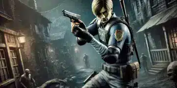 Leon S. Kennedy from the Resident Evil 4 remake aims his pistol in a dark village. He is in his police uniform, surrounded by eerie buildings and lurking grotesque creatures.