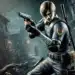 Leon S. Kennedy del remake de Resident Evil 4 apunta con su pistola a un pueblo oscuro. Está vestido con su uniforme de policía, rodeado de espeluznantes edificios y criaturas grotescas al acecho.