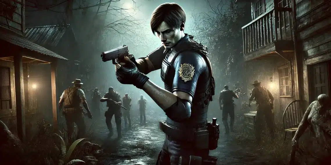 Leon S. Kennedy en los mods del remake de Resident Evil 4, alerta en una aldea oscura, rodeado de enemigos modificados y detalles mejorados.